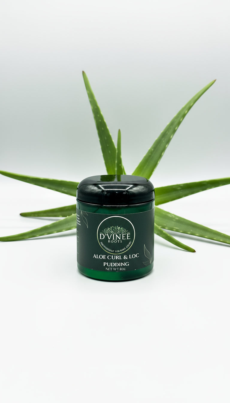 Green jar of aloe vera pudding with aloe leaves on a white background