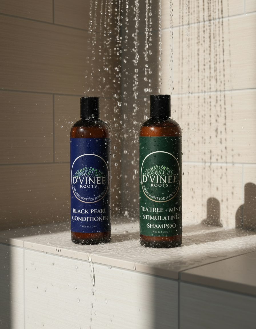 Two bottles of Divinee Roots hair care products on a white surface with a striped background.