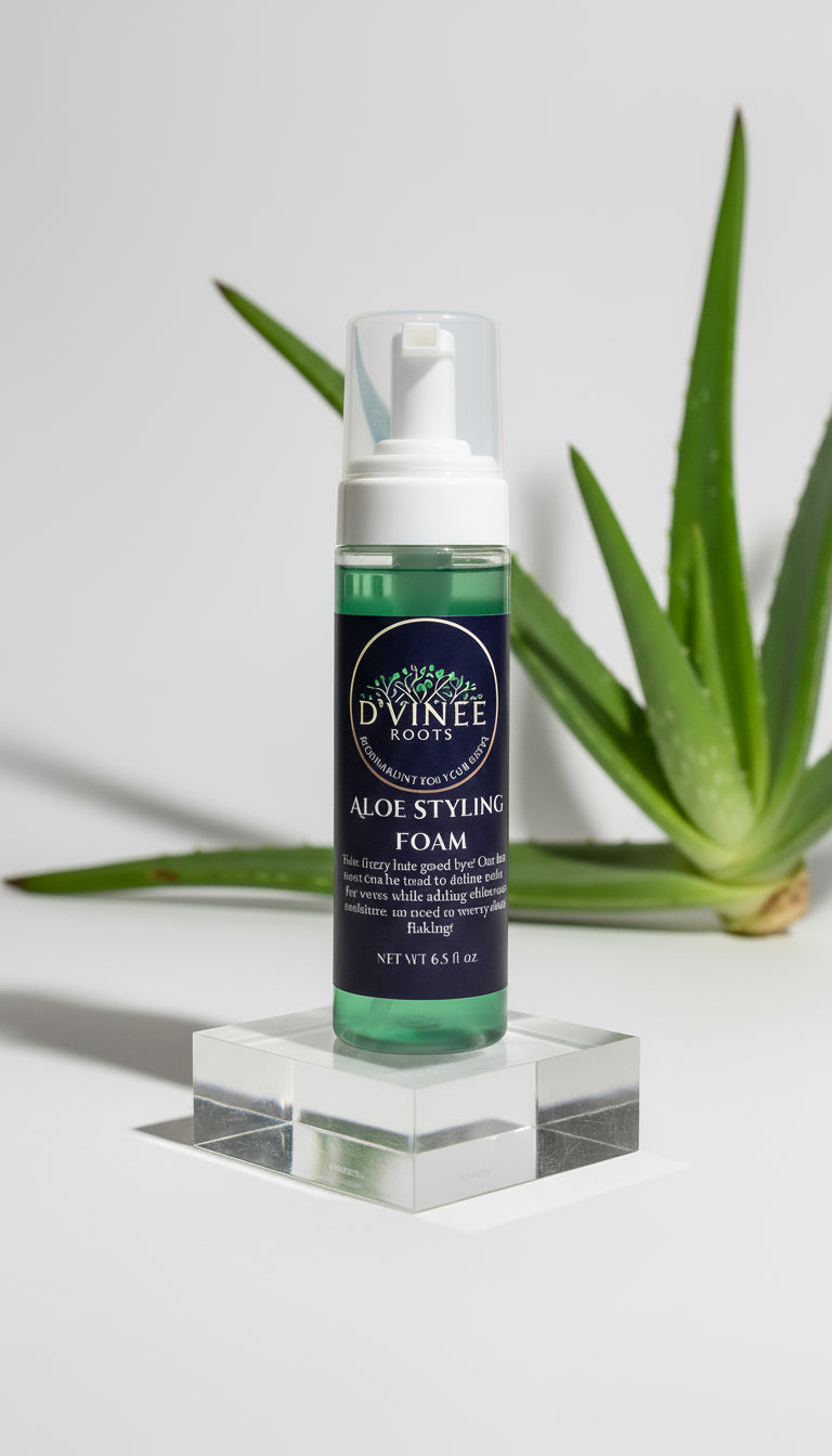 Bottle of D'Vinee Roots Aloe Styling Foam on a clear stand with aloe vera plant leaves in the background.
