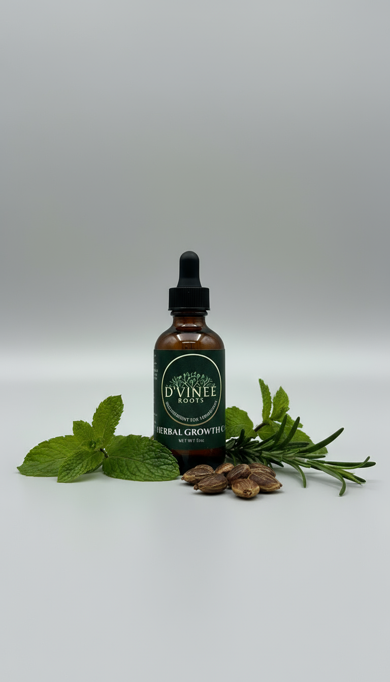 Bottle of D'Vinee Roots Herbal Growth Oil on a gray background