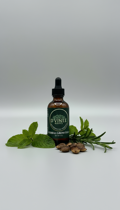 Bottle of D'Vinee Roots Herbal Growth Oil on a gray background