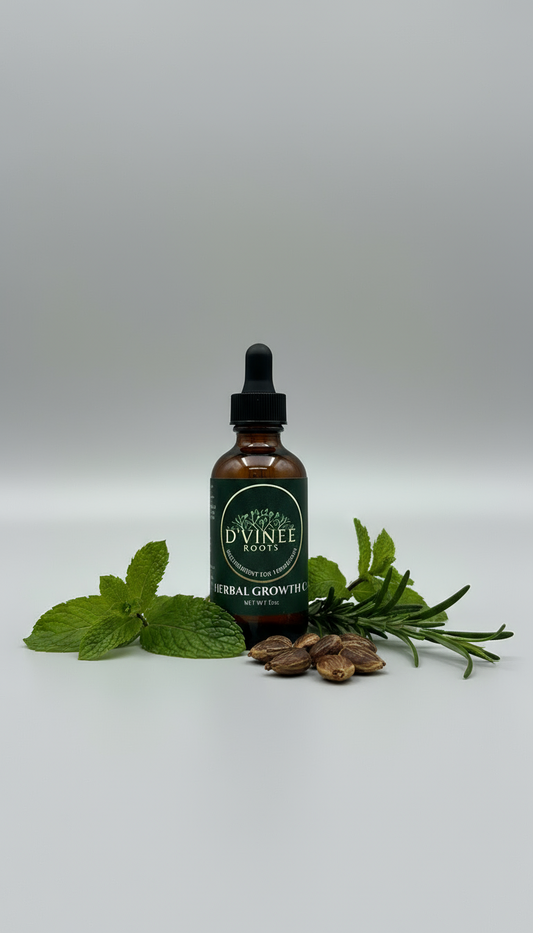 Bottle of D'Vinee Roots Herbal Growth Oil on a gray background