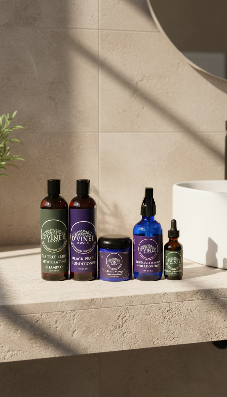 Collection of products including bottles and a jar on a neutral background